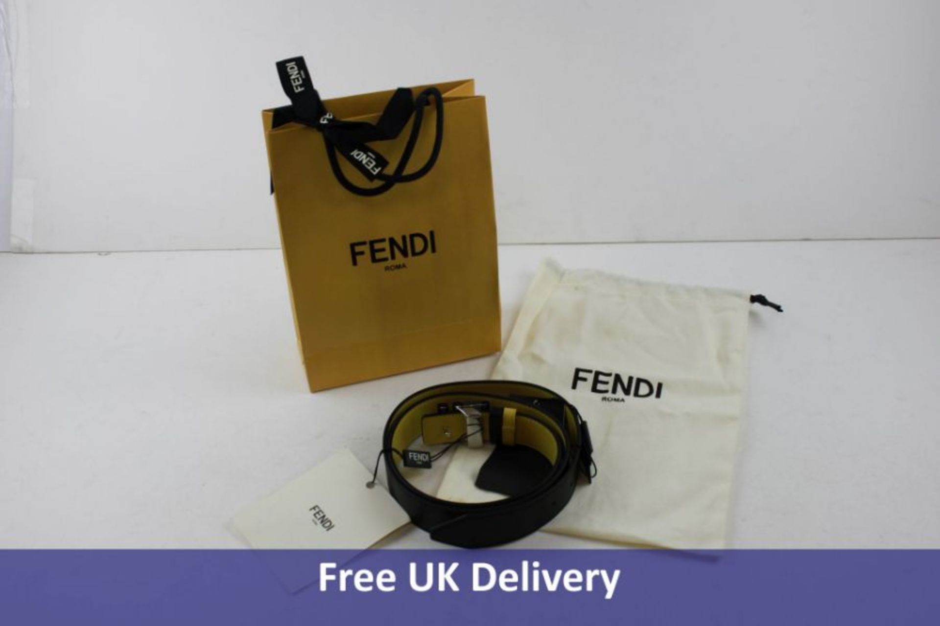 Fendi Men's Reversible Leather FF Buckle Belt, Black and Yellow, Size 100/40