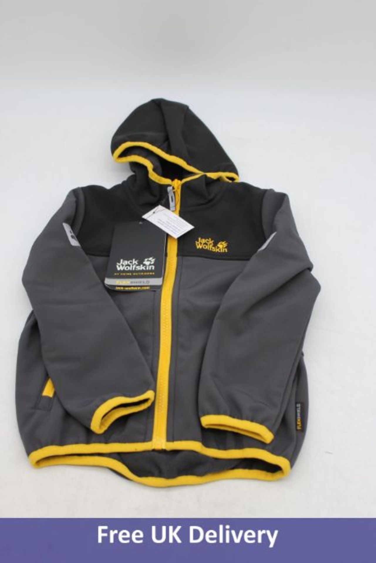 Six Jack Wolfskin Kids Unisex Four Winds Jacket, Black/Yellow, UK 3-4 - Image 5 of 6