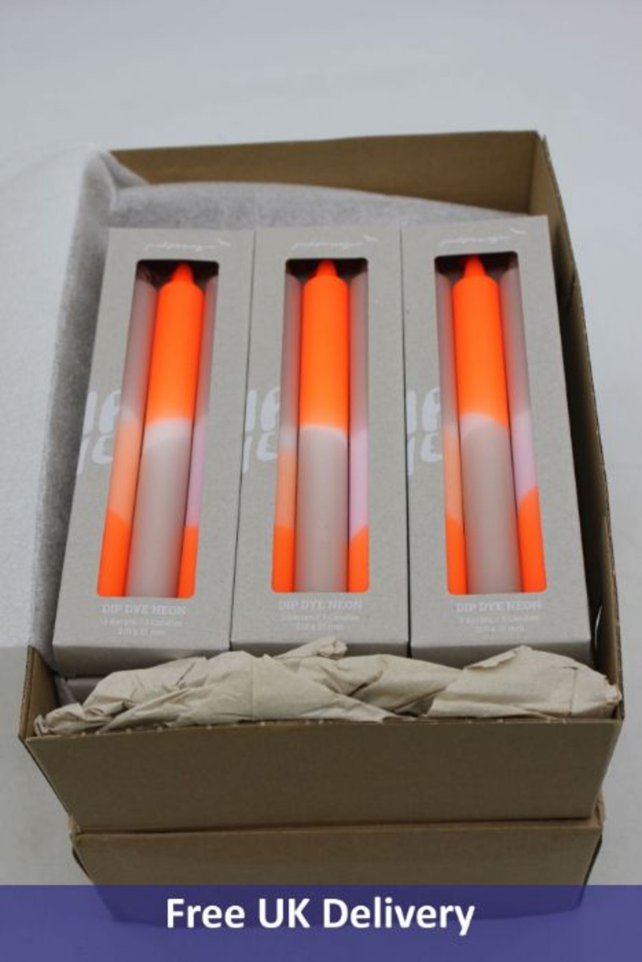 Eighteen Packs Of Three Dip Dye Neon Candles, Orange/Grey