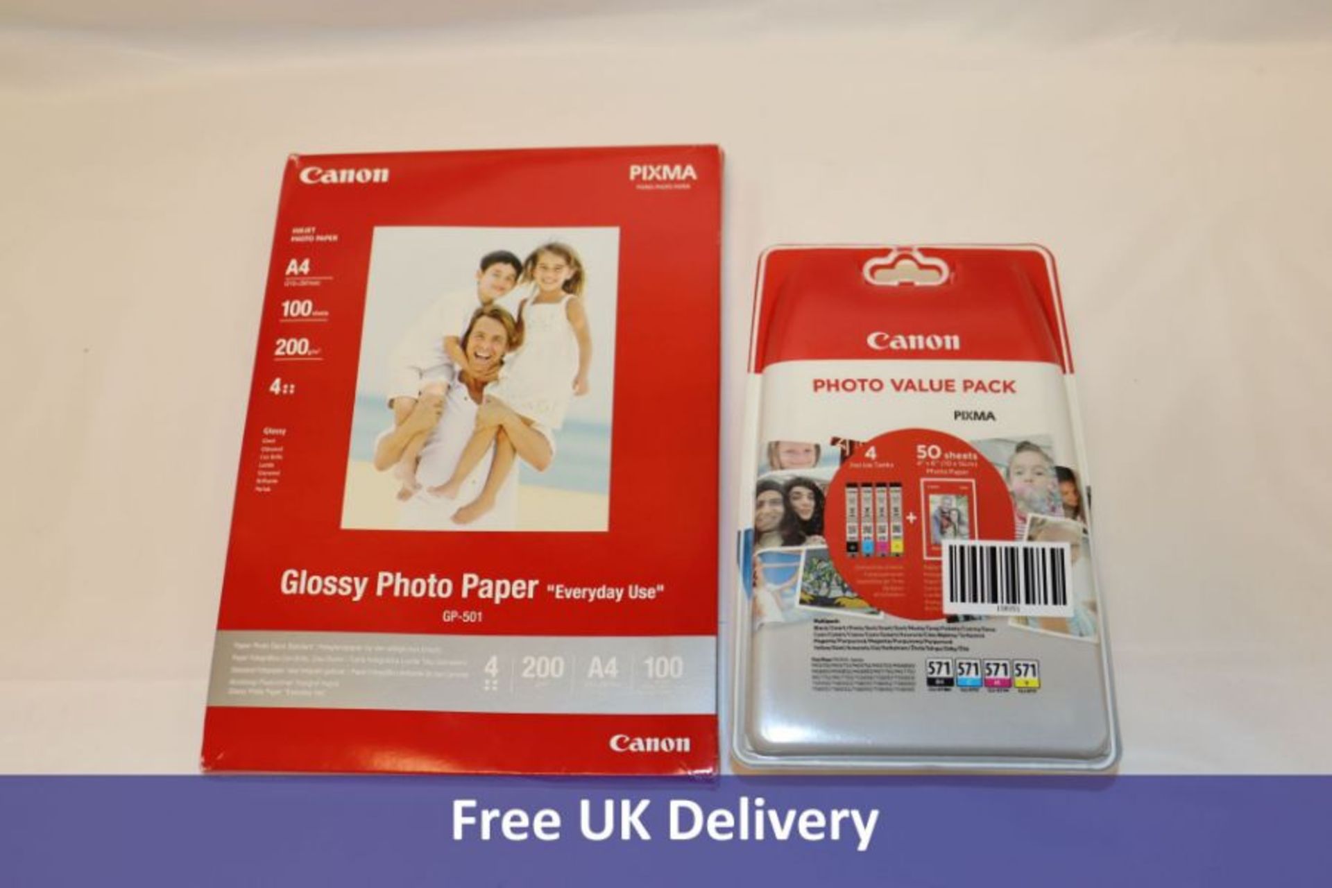 Genuine Canon 571 Photo Value Pack and 2x Canon Glossy Photo Paper A4 Pk 100 GP-501