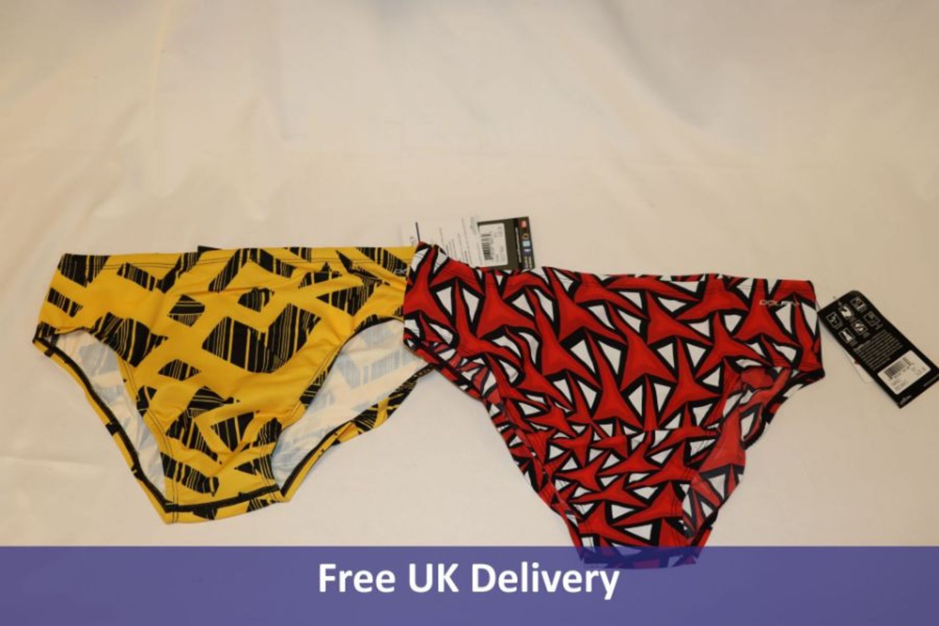 Two Dolphin Swimwear Trunks, 1x Yellow/Black, 1x Red/White/Black, Size 38