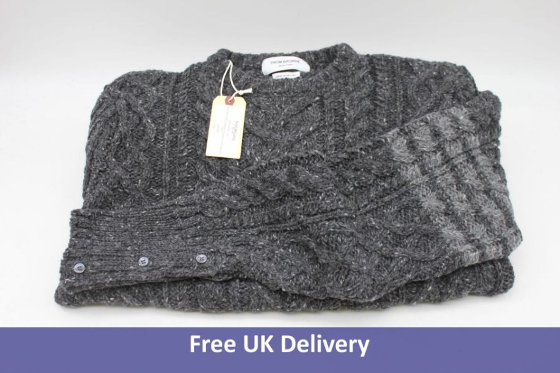 Thom Browne New York Aran Cable Classic Crewneck Pullover, W/ 4 Bar In Mohair Tweed, Dark Grey, Size