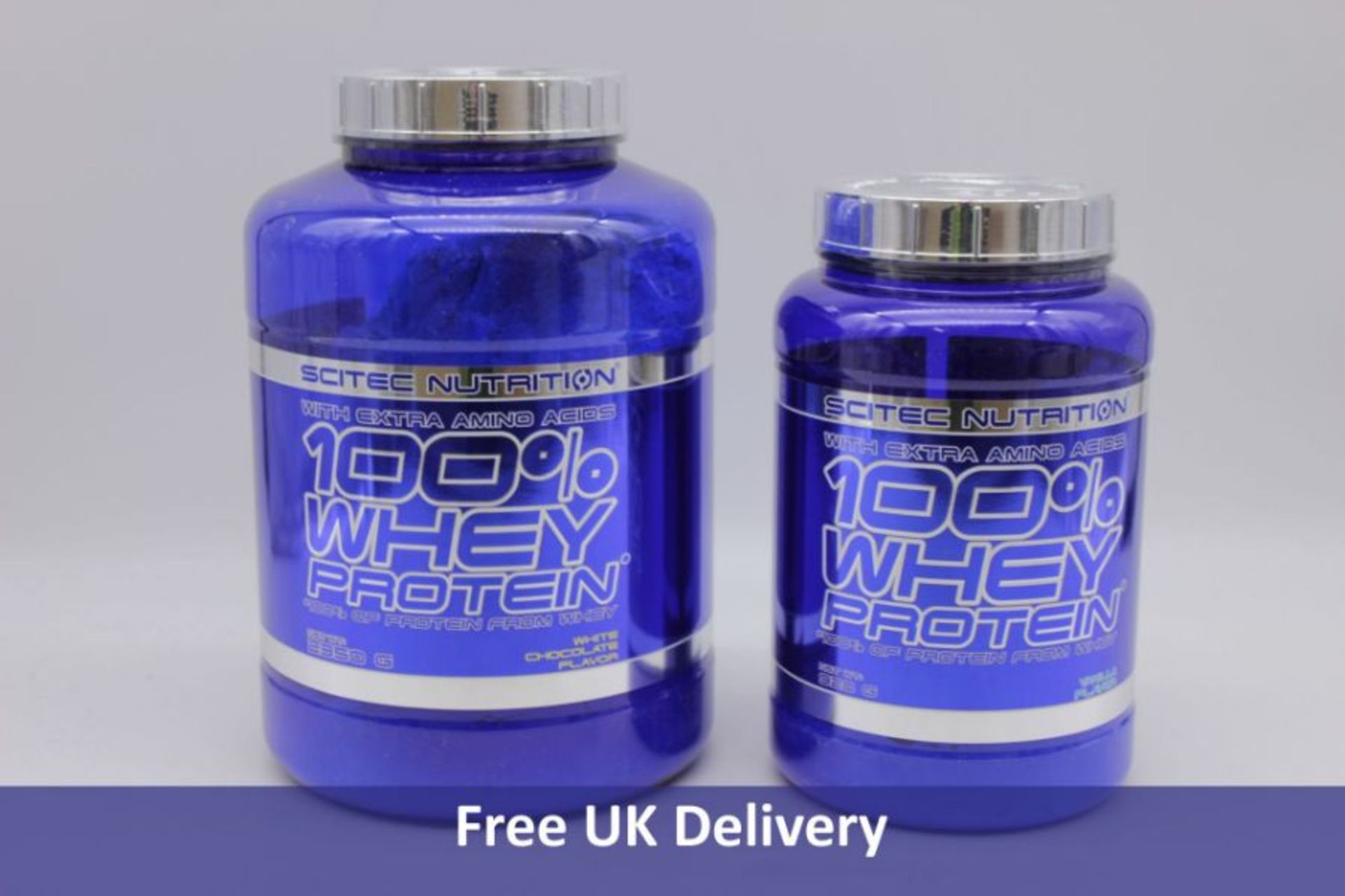 Four Tubs 100% Whey Protein Shakes to include 1x White Chocolate, 2350g, Expiry 02/04/2023, 1x Vanil