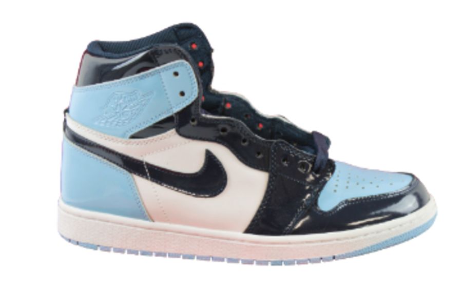 Nike Air Jordan 1 Retro High UNC Patent Trainers, Black, White and Sky Blue, UK 8. Used, Good Condit