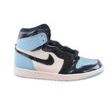 Nike Air Jordan 1 Retro High UNC Patent Trainers, Black, White and Sky Blue, UK 8. Used, Good Condit