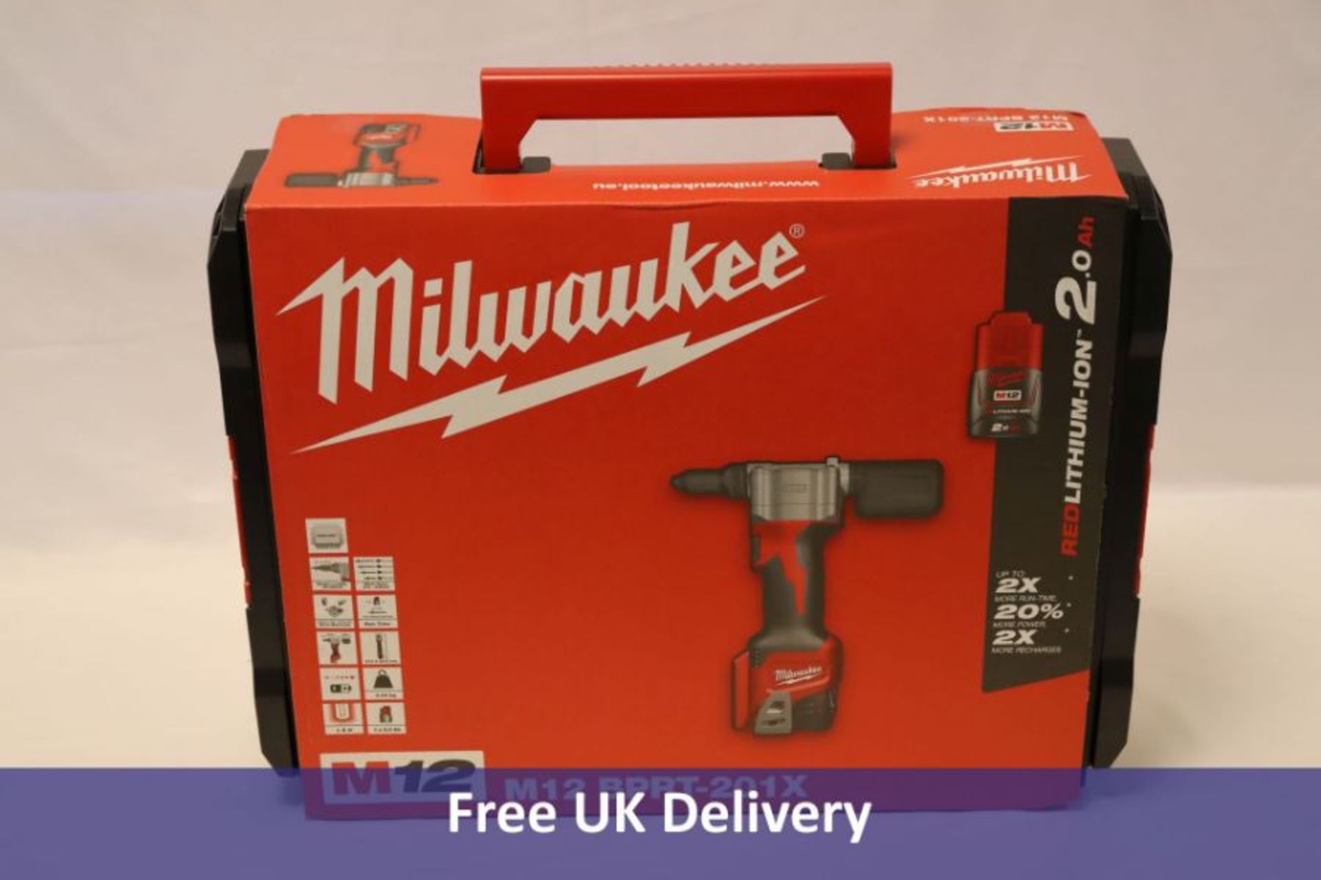 Milwaukee M12 BPRT-201X 12V Pop Rivet Gun With 2.0Ah Battery Charger In Case