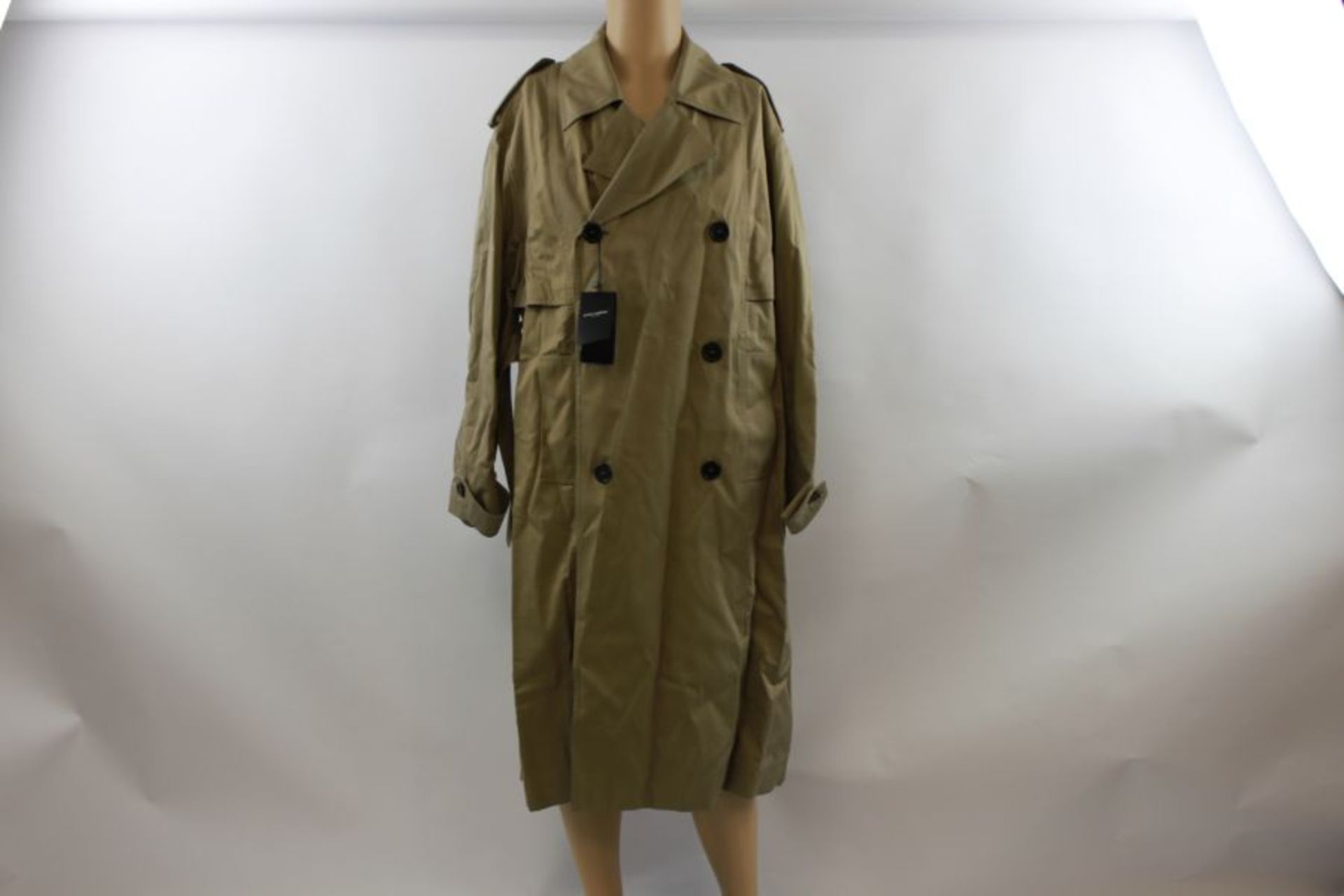 Saint Laurent Men's Double Breasted Trench Coat with Six Buttons, Belted Waist, Beige, Size M