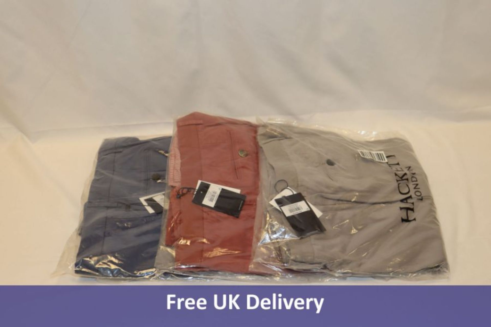 Three Hackett London Core Sanderson, Ashed Berry, Size 8, Flannel Grey, Size 6 and Dark Denim, Size