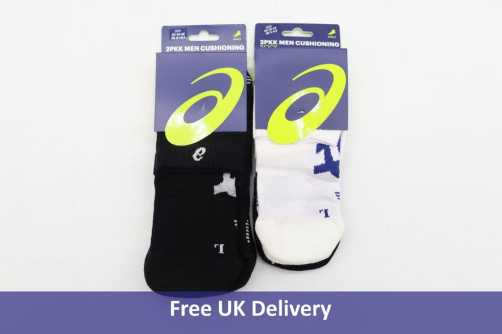 Five Asics Men's Cushioning Socks to include 4x UK 9-10.5, Black, 1x UK 6-8.5, Black/White