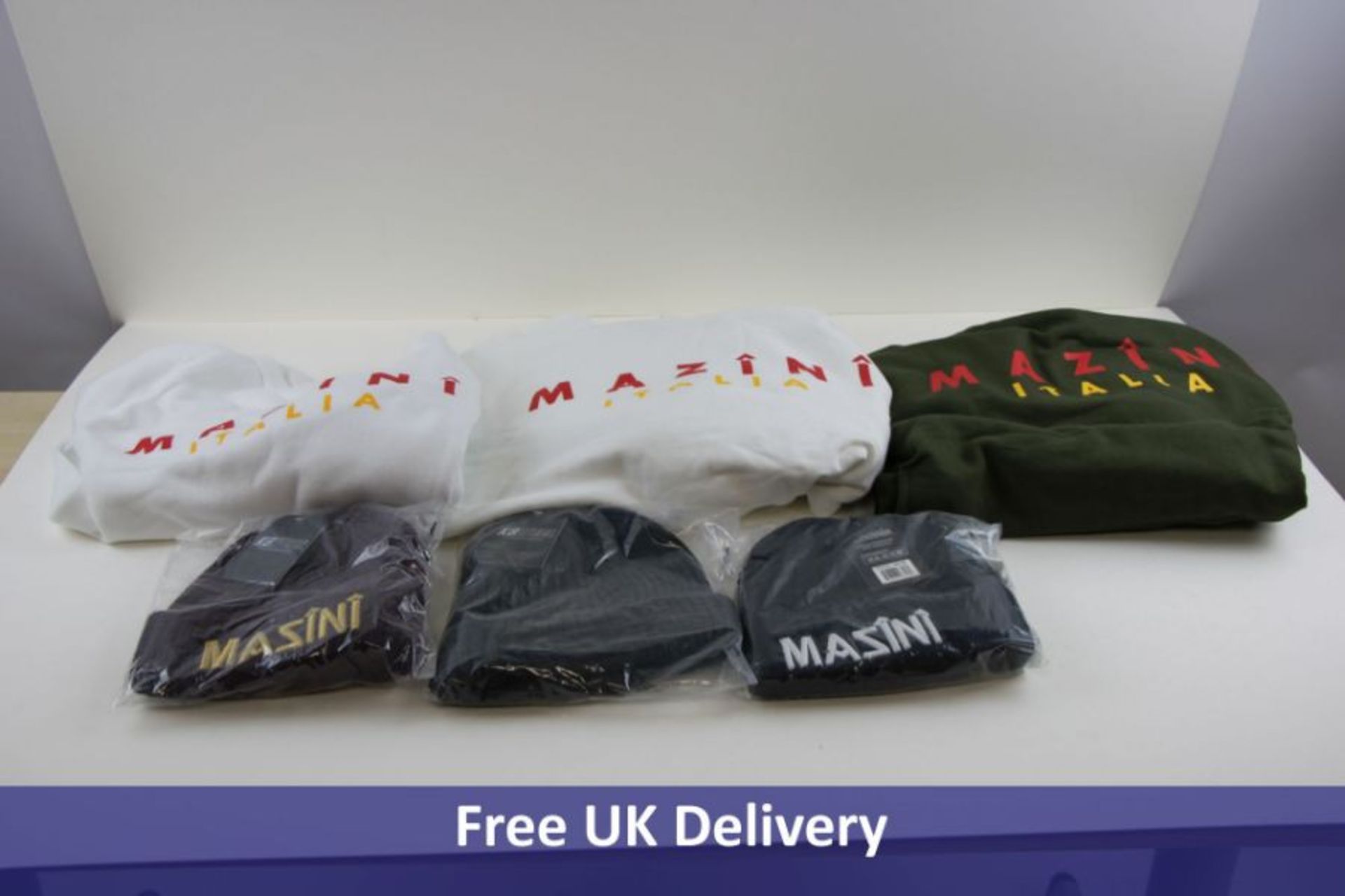 Six Mazini Italia Men's Items to Include 1x Hoodie, Olive Green, Size L, 1x Hoodie, White, Size M, 1