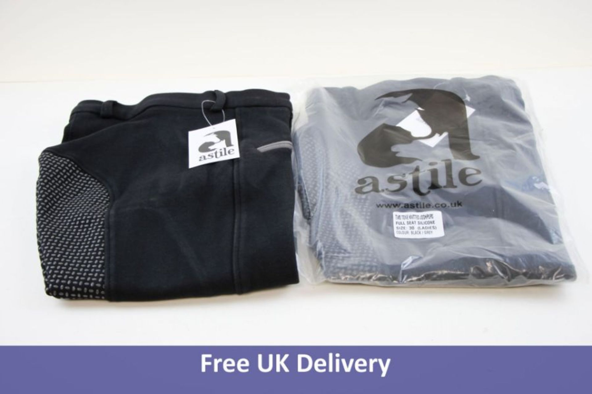 Two Pairs of Astile Women's Equestrian Riding Trousers, Full Seat Silicone, Black and Grey, Size 36