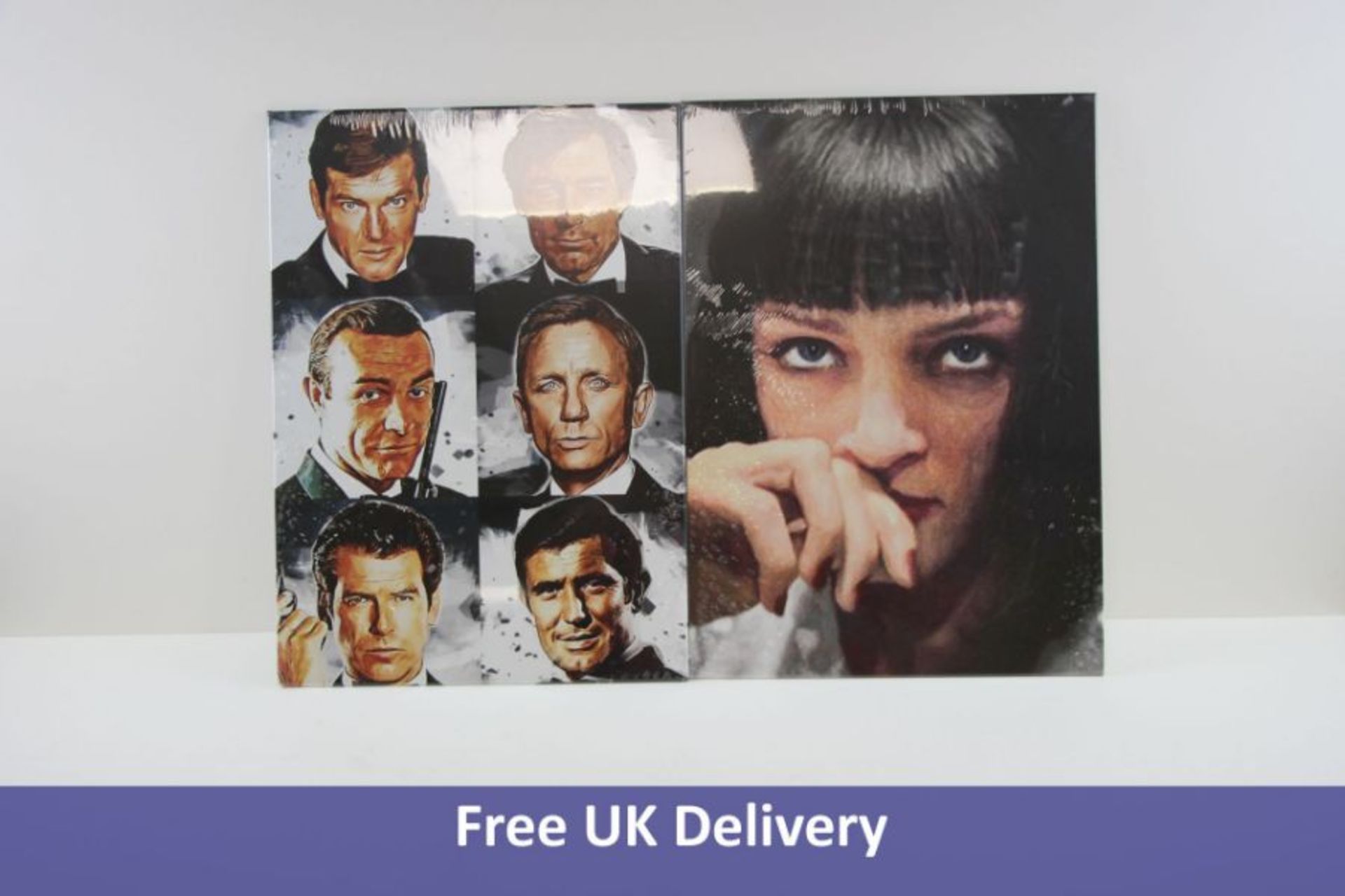 Two Items of Displate Art to Include 1x James Bond Tribute and 1x Uma Thurman Pulp Fiction, Size M