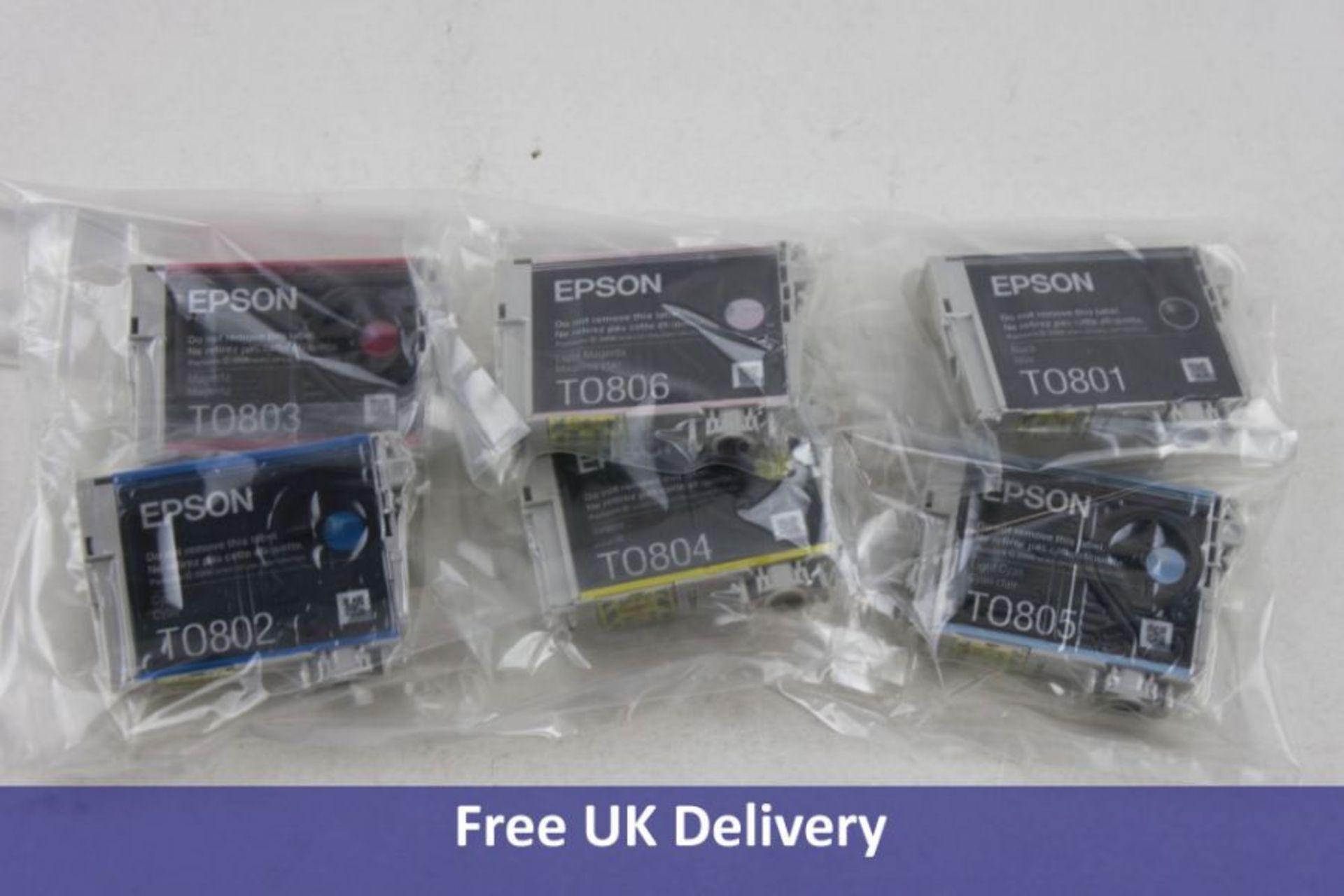 Six Epson Ink Cartridges to include 1x Black T0801, 1x Blue T0802, 1x Yellow T0804, 1x Light Cyan T0