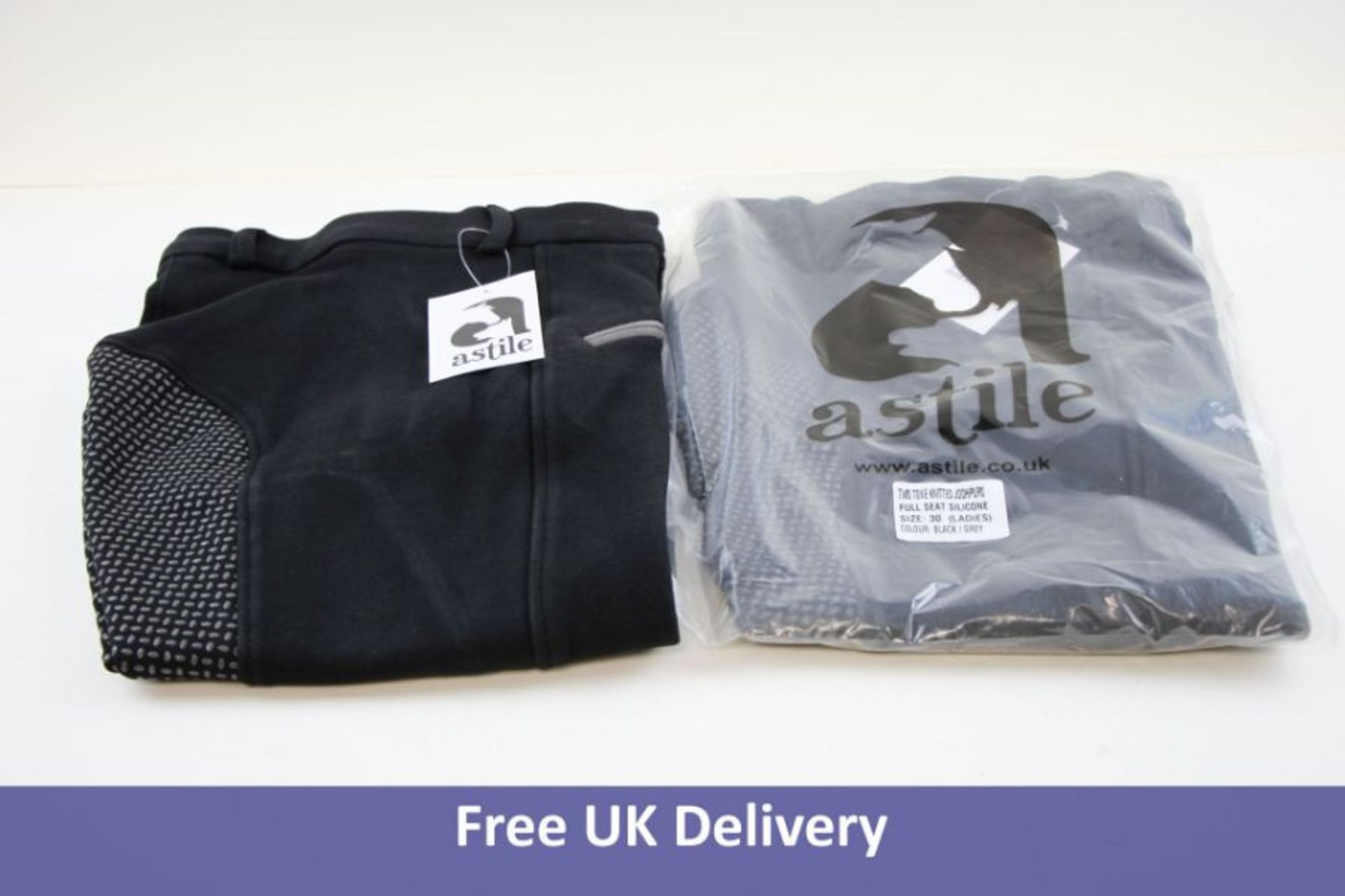 Two Pairs of Astile Women's Equestrian Riding Trousers, Full Seat Silicone, Black and Grey, Size 28