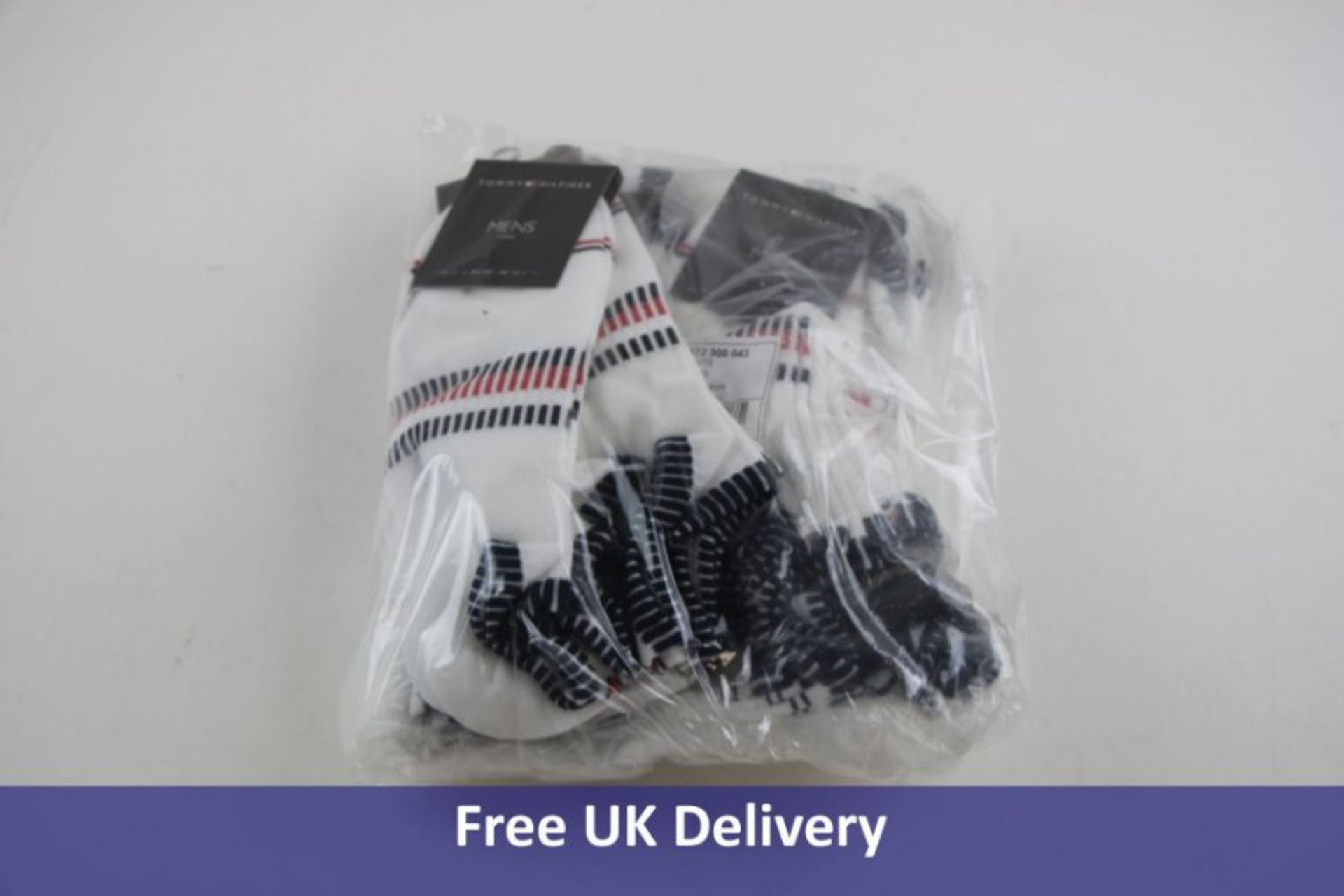Twelve Packs of Tommy Hilfiger 2 Pairs Men's Socks, White, Navy, Red Stripes, White, UK 9-11