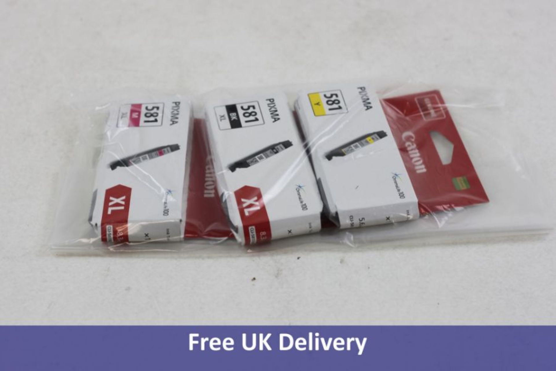 Three Canon 581 Photo Ink Cartridges to include 1x Magenta XL, 1x Black XL and 1x Yellow