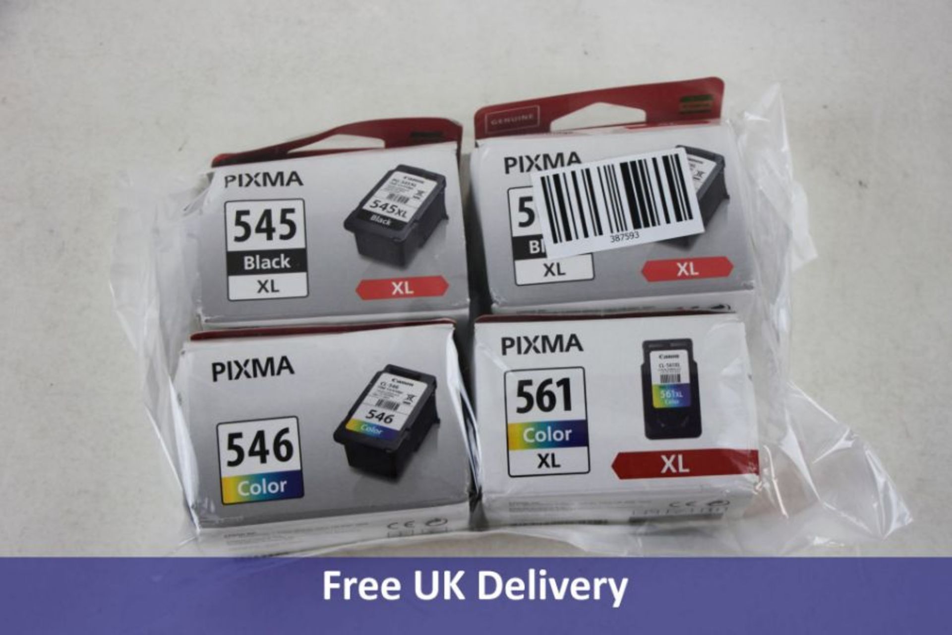 Four Canon Ink Cartridges to include 2x PG545XL, Black, 1x CL-561XL and 1x CL-546. Boxes damaged