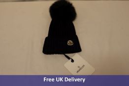 MONCLER Logo Knit Wool And Cashmere Hat, Navy. No size