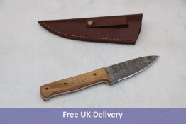 F&I USA Damascus Bushcraft Knife, Full Tang, Wooden Handle, 9.5cm Blade Length, 3.5cm Blade Width, G