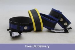 Four Regulation Bicep Straps to include 3x Black/Blue, 1x Small Medium, 2x Large XL and 1x Black Yel