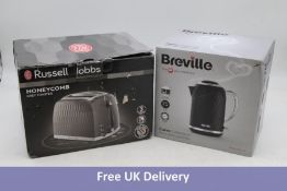 Two Brevill Kettle Set to include 1x Curve Kettle Black, 1x Russell Hobbs Honeycomb Toaster Grey