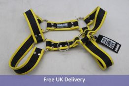 Three Regulation Rubber H Harnesses to include 1x Black/Yellow, Small, 1x Black/Royal Blue, Small an