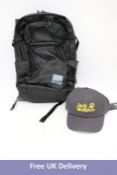 Four Jack Wolfskin Items to include 1x Auckland Backpack, Ultra Black, 3x Baseball Cap, Phantom, One