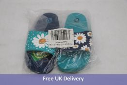 Two pairs of Dedoles Sliders to include 2x Daisy Blossom Sliders, Blue, UK 5 and 2x Long Dachshund S