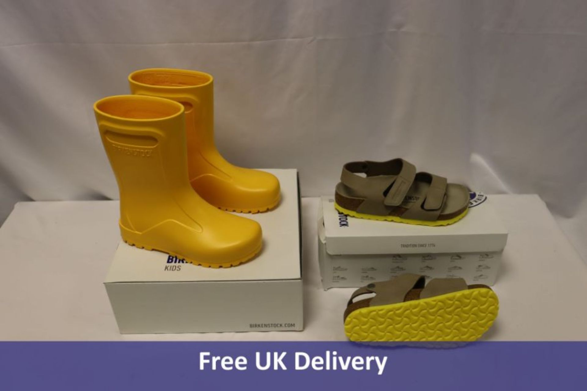 Two Birkenstock items to include 1x Derry Eva Scuba Boots, Yellow, UK 2.5, 1x Dessert Soil Sandals,