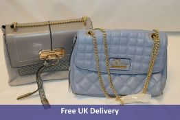 Two River Island Bags to inculde 1x Logo Bag, Grey, 1x Quilted Bag, Blue. Grey Bag damaged on back