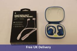 Two Skullcandy items to include 1x TW Push Ultra Wireless Bluetooth Sports Earphones, Blue, 1x Feath
