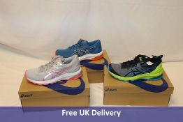 Nine Pairs of Asics GT-1000 10 GS Kids Trainers, 1x Blue/Aqua, UK 5, 2x Grey/Silver, UK 3 and UK 5,