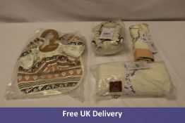 Four Elodie Products to include Snuggle White Tiger Walter, Muslin Blanket, Cellular Blanket and Bib