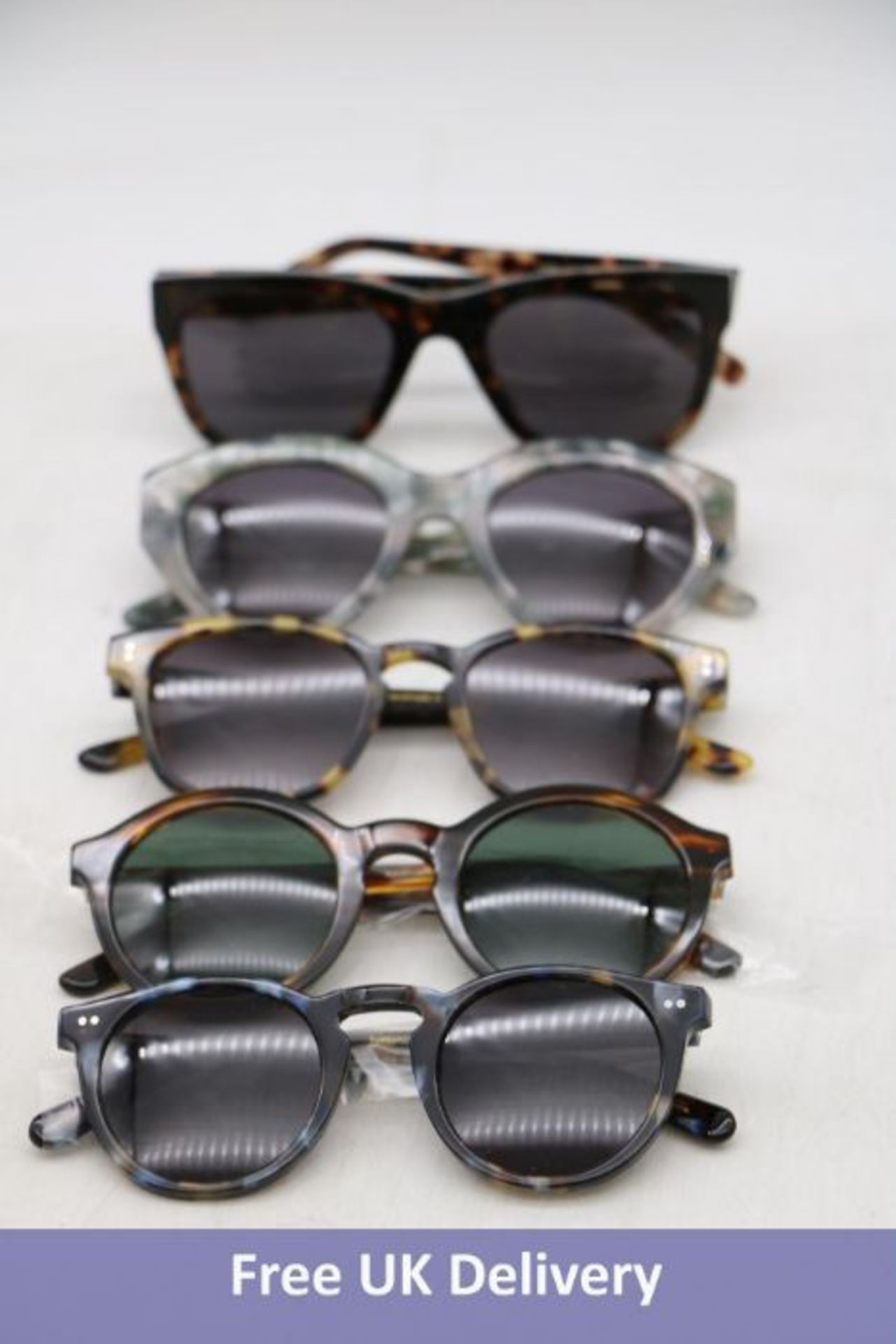 Five Ace & Tate Sunglasses to include 1x Benjamin Midnight, 1x Alfred Bananas Bio, 1x Colin Tiger Wo