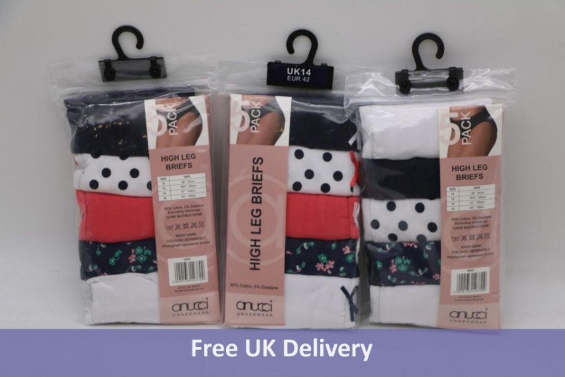 Six Anucci Women's Underwear 5 Pack High Leg Briefs, Assorted Colours, UK Size 12