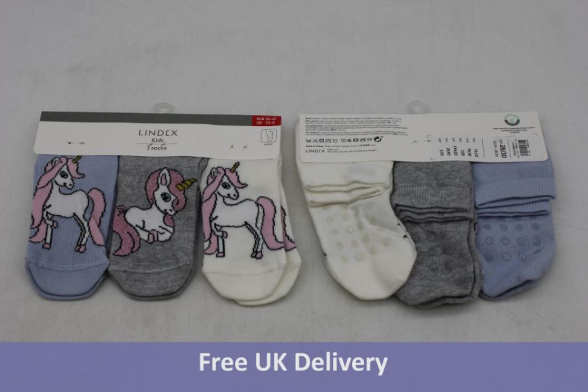 Ten Lindex Kid's Socks with Unicorns, 1x Blue 1x Grey, 1x White, UK 7.5-9 (3 Pairs/Pack)