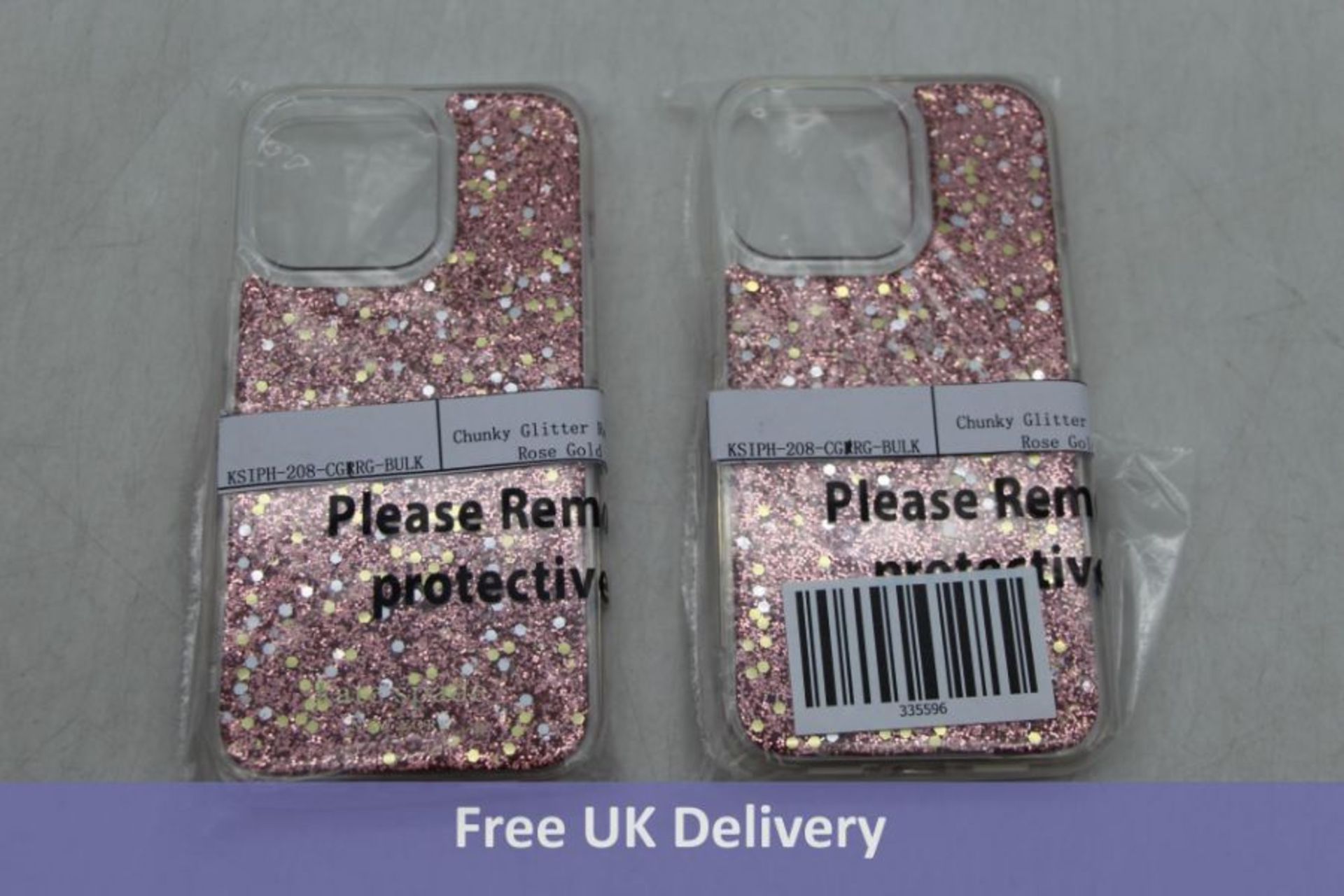 Two Kate Spade Chunky Glitter Resin Rose Gold iPhone 13 Pro Covers