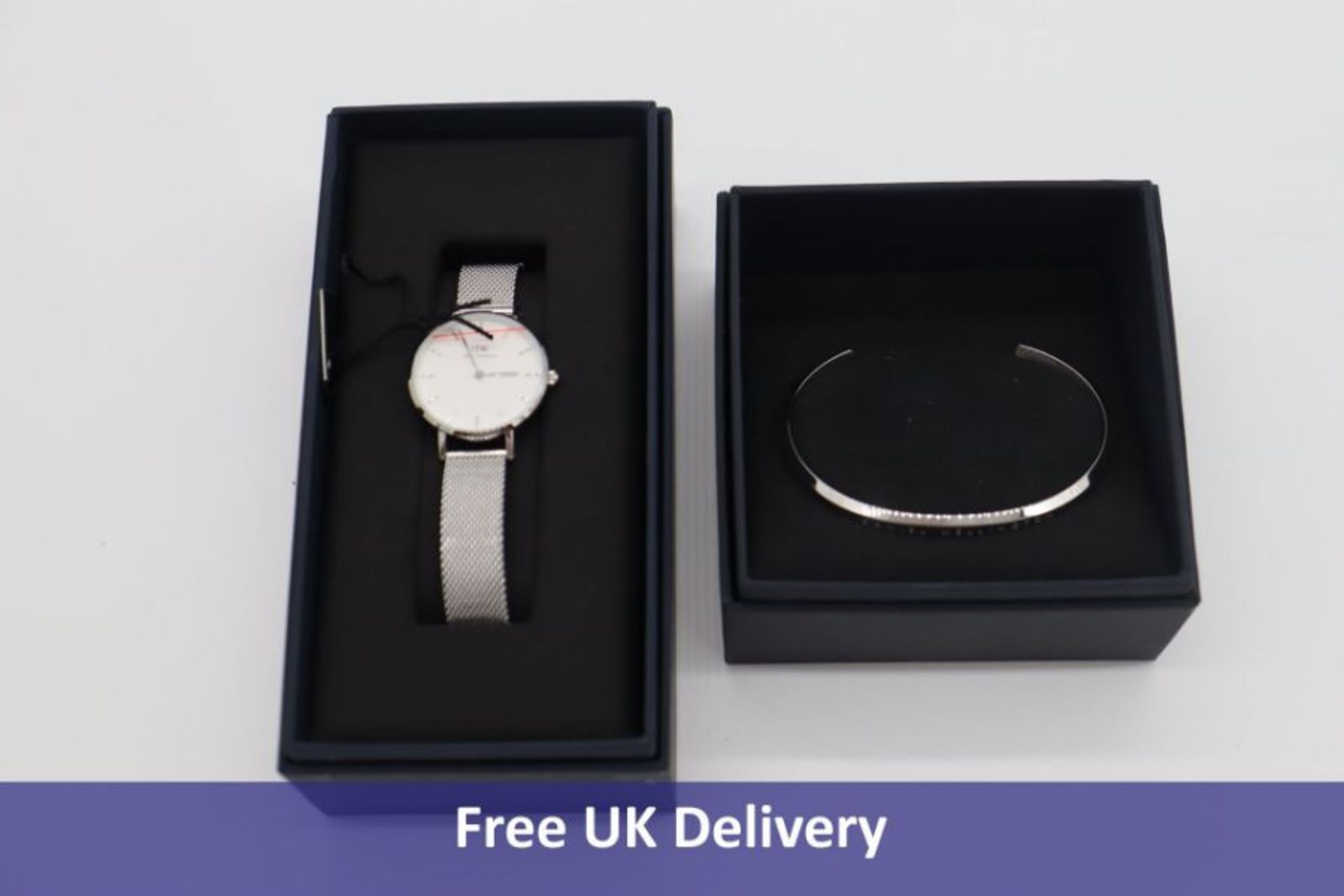 Two Daniel Wellington items to include 1x Petite 28 Sterling Watch, White Face/Stainless Steel Strap