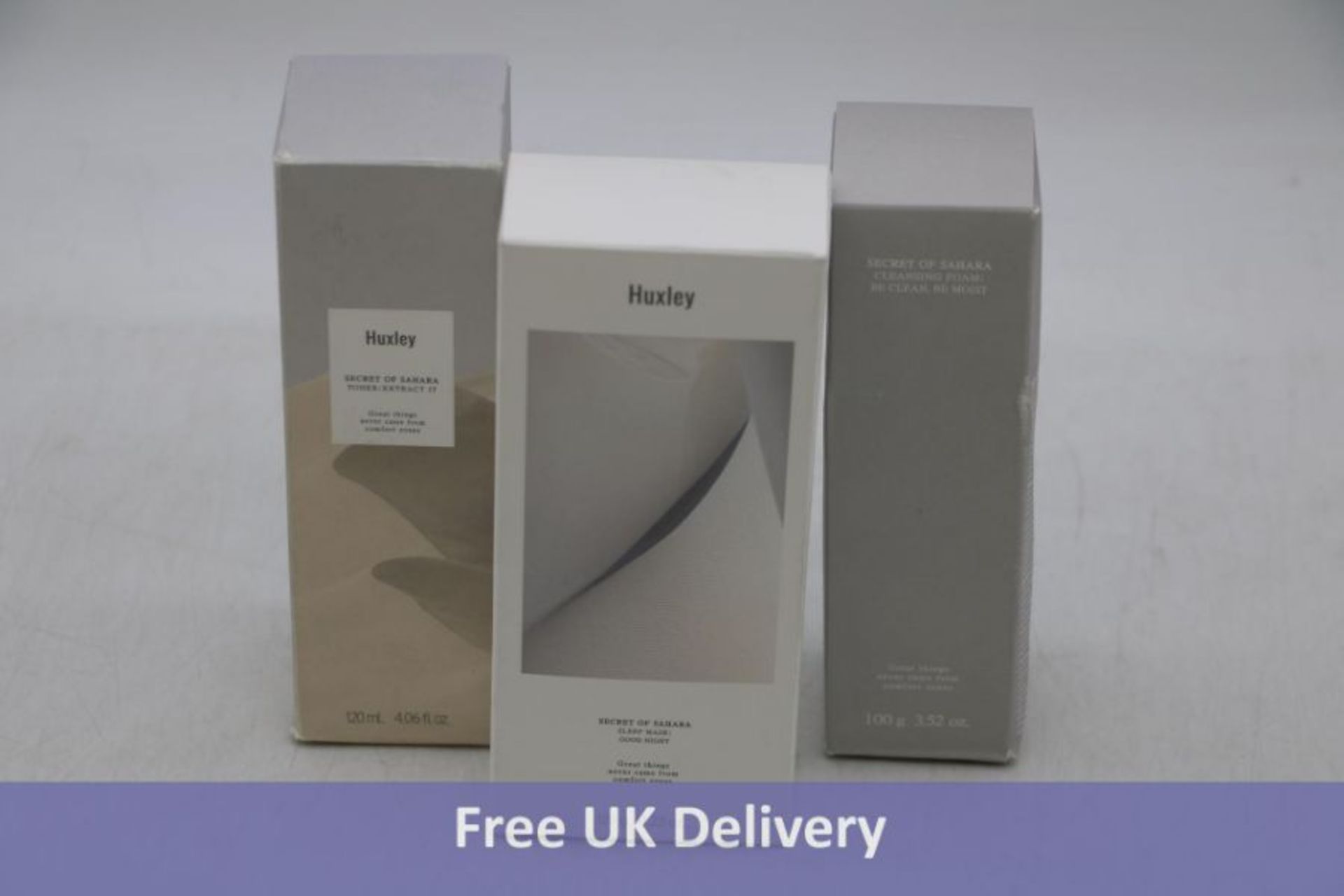 Three Huxley Products to include Sleep Mask Good Night 120 G, Toner Extract It 120 ML, Cleansing Foa