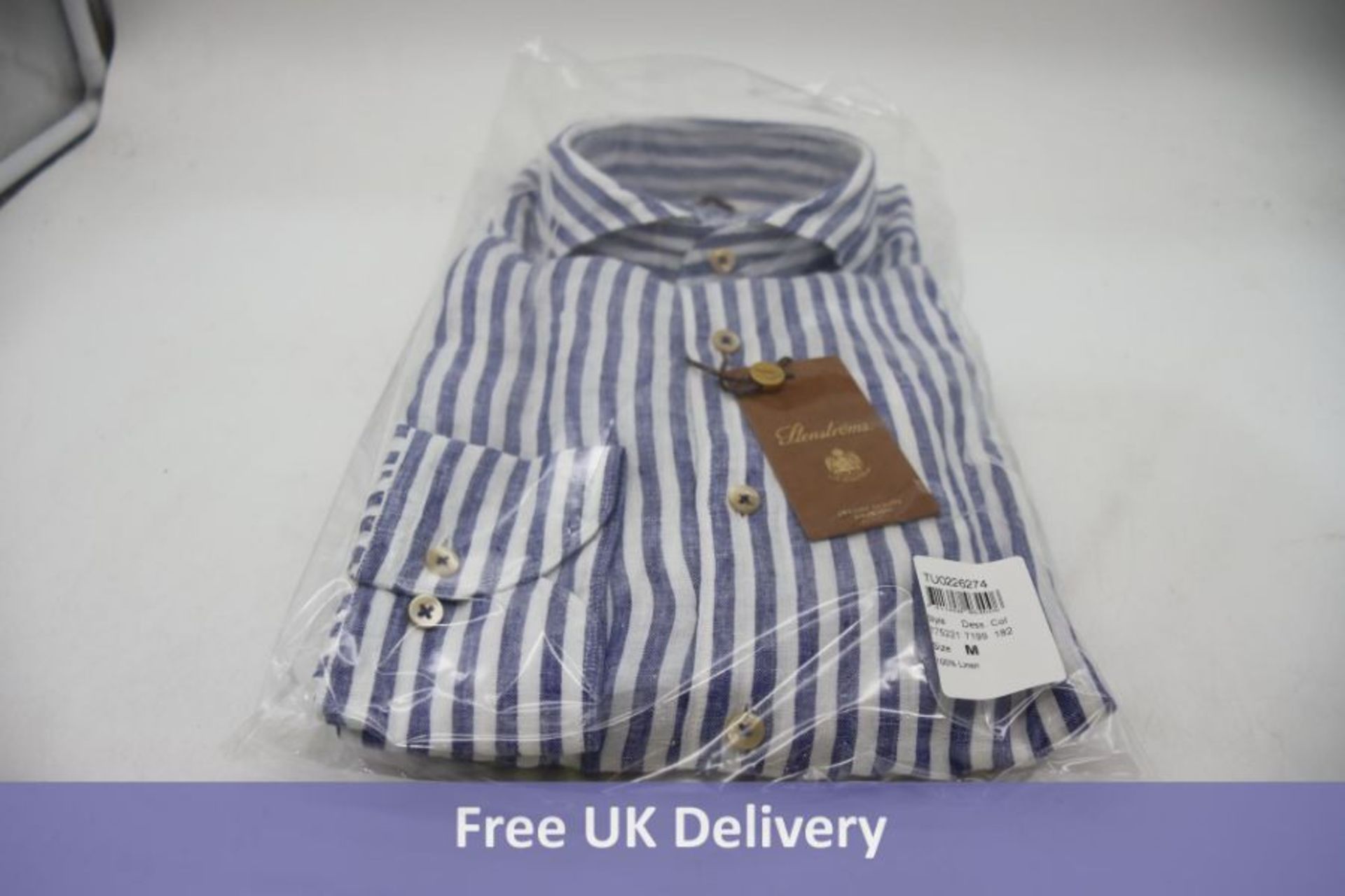 Stenstroms Fitted Body 100% Linen Shirt, Blue/White Stipes, Size XL