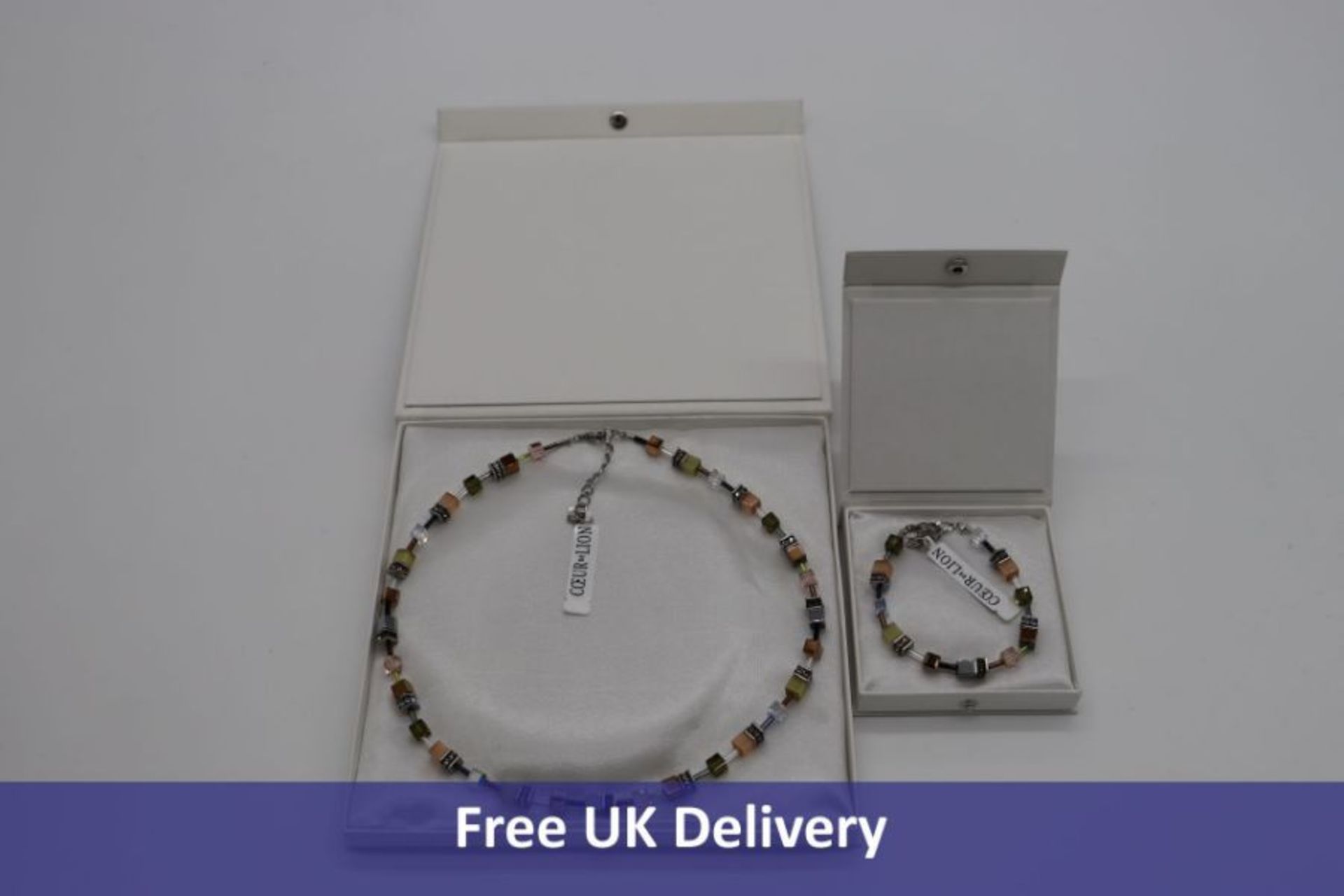 Coeur de Lion Geo Cube Olive/Peach Necklace and Bracelet, 5012/0922
