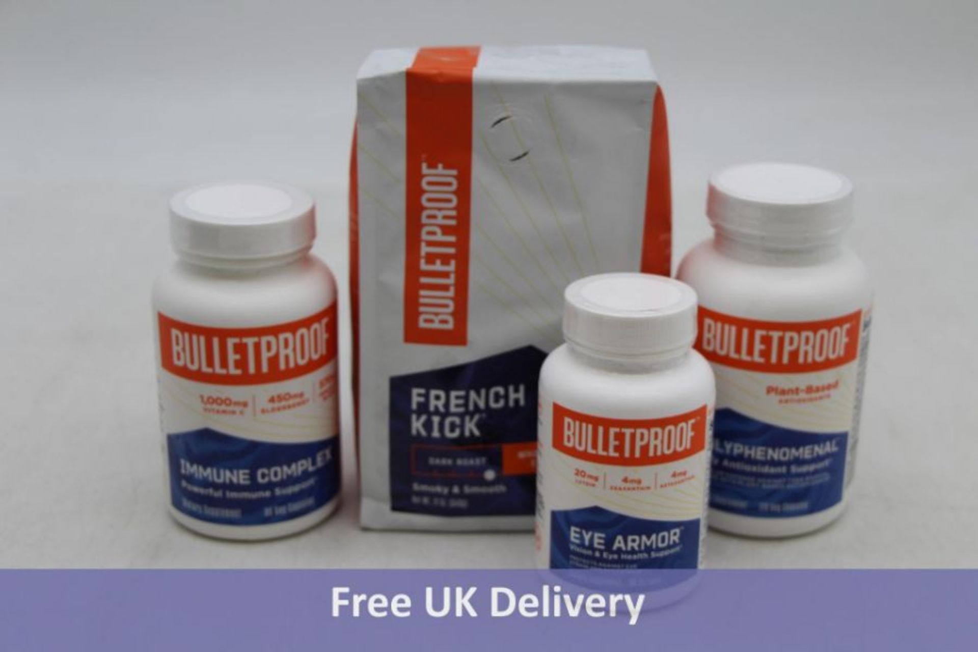 Four Bulletproof Supplements to include Polyphenomenal, Expiry 08/2023, Immune Complex, Expiry 04/20