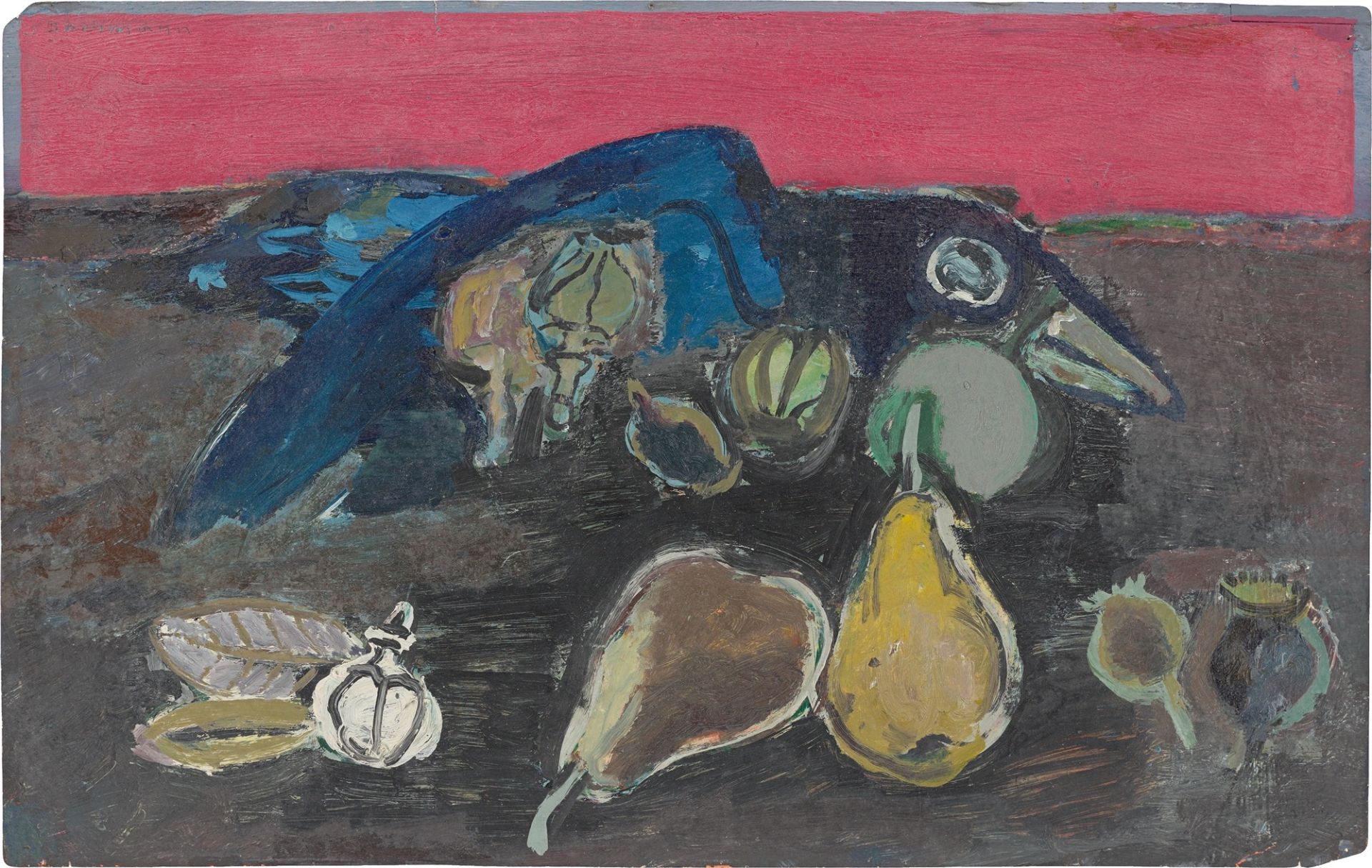 Hermann Bachmann. „Stillleben mit Krähe, Mohnkapseln und Birnen“. 1953/54