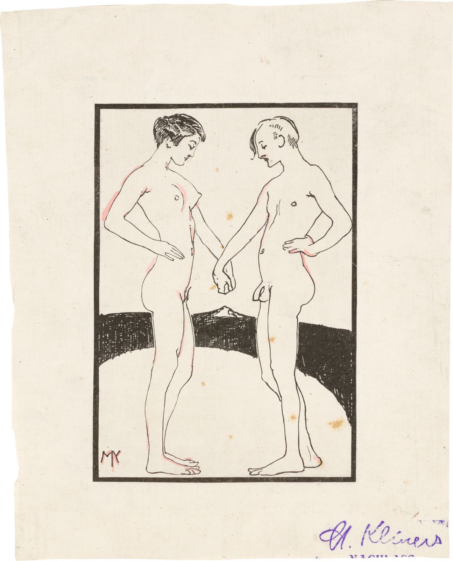Max Klinger. Zeichnung und Radierung: Stehender weiblicher Akt. 1912 / Ex Libris Studie. Vor 1914. - Bild 2 aus 3