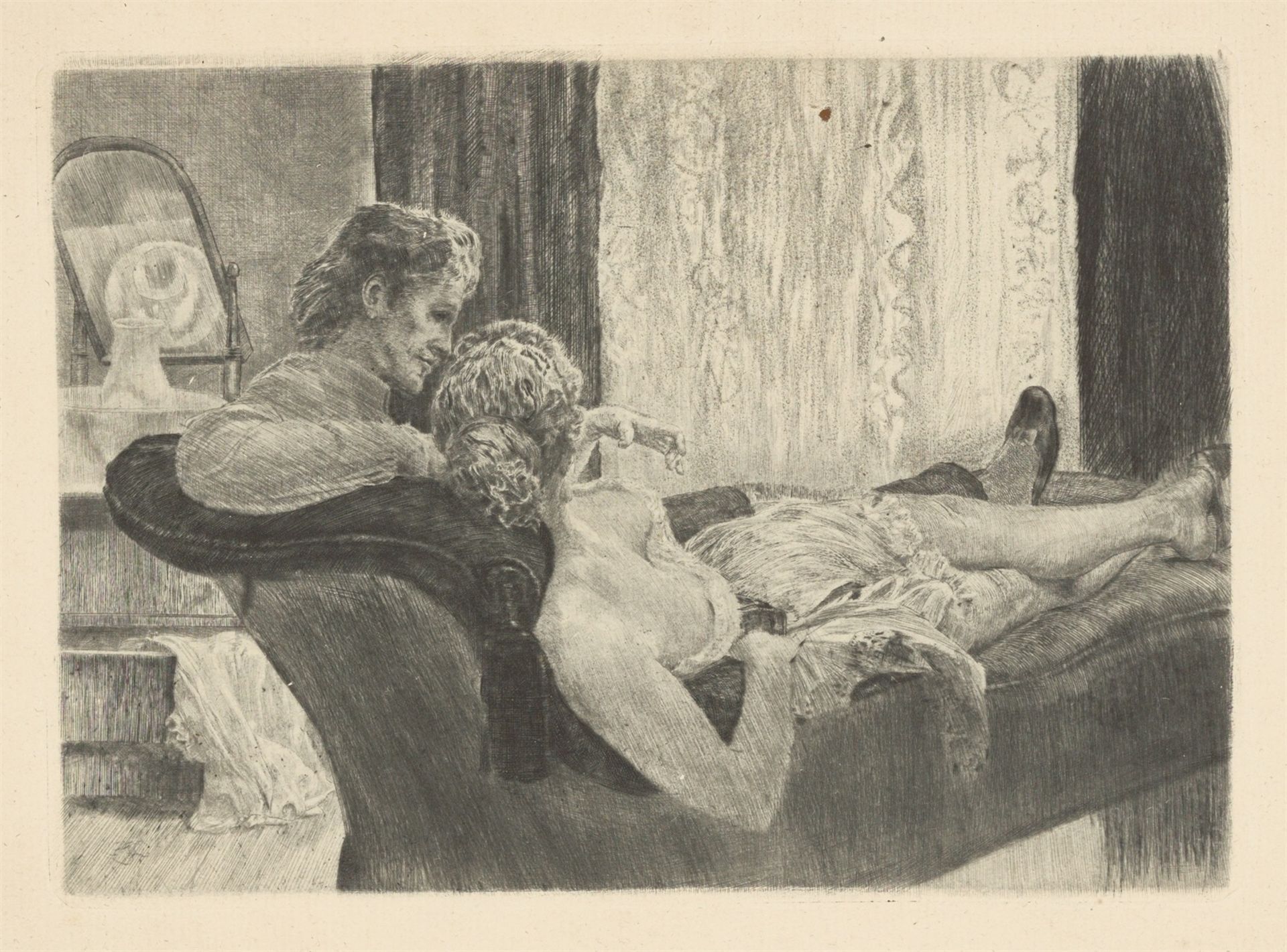 Max Klinger. „Atelierszene („Nach der Arbeit“ „Siesta“)“. Um 1894 / „Die Balldame: Frontispiz“. ….