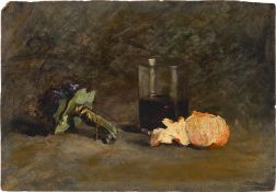 French, circa 1860. Still life with bouquet of flowers, glass and tangerine.