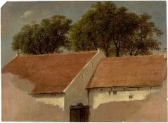 Danish, circa 1850. Trees behind roofs.