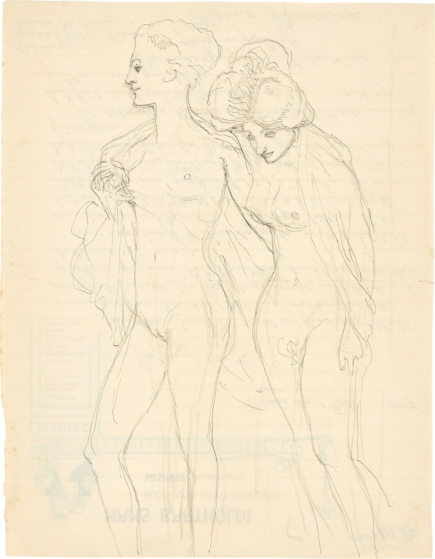Max Klinger. Zwei Zeichnungen: Zwei weibliche Aktmodelle, aneinander lehnend. Nach 1913/14…. 1910/11