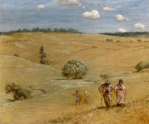 Hans Thoma. Hilly landscape (with the artist couple in the front right?). Circa 1889