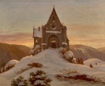 Ernst Ferdinand Oehme. Mountain chapel in Winter. Circa 1850